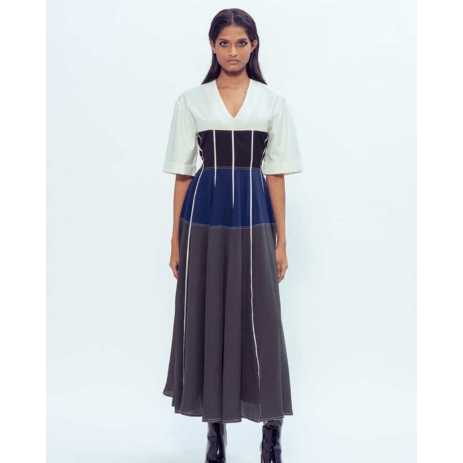 Lovebirds Beatrix Colorblock Midi Dress In Ivory Onyx Midnight Blue Kale S